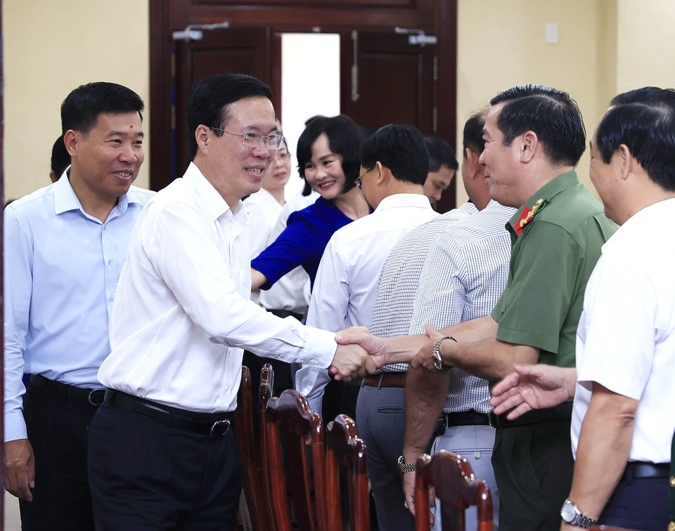 Chiều 27/9/2023, tại tỉnh Bình Phước, Chủ tịch nước Võ Văn Thưởng làm việc với Tỉnh ủy Bình Phước về Công tác Quốc phòng-An ninh, Đối ngoại và Cải cách Tư pháp. (Ảnh: An Đăng/TTXVN)