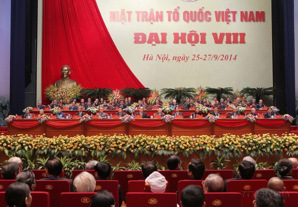 Lễ khai mạc Đại hội đại biểu toàn quốc Mặt trận Tổ quốc Việt Nam lần thứ VIII, nhiệm kỳ 2014-2019 với chủ đề " Đoàn kết-Dân chủ-Đổi mới- Phát triển " tại Trung tâm Hội nghị Quốc gia (Hà Nội, 26/9/2014). (Ảnh: Trí Dũng/ TTXVN)