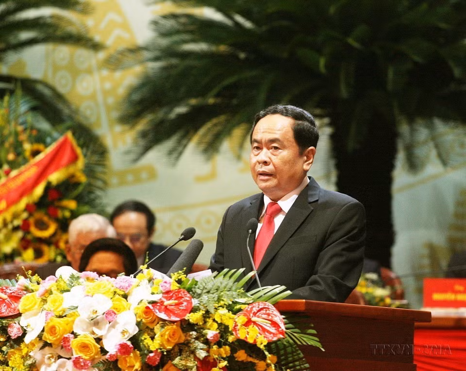 Đồng chí Trần Thanh Mẫn, Bí thư Trung ương Đảng, Chủ tịch Ủy ban Trung ương Mặt trận Tổ quốc Việt Nam khóa VIII trình bày Diễn văn khai mạc Đại hội đại biểu toàn quốc Mặt trận Tổ quốc Việt Nam lần thứ IX, nhiệm kỳ 2019-2024. (Ảnh: TTXVN)