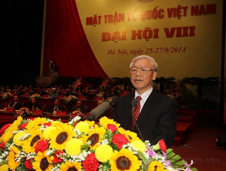 Tổng Bí thư Nguyễn Phú Trọng phát biểu tại Đại hội đại biểu toàn quốc Mặt trận Tổ quốc Việt Nam lần thứ VIII, nhiệm kỳ 2014-2019. (Ảnh: Trí Dũng/TTXVN)