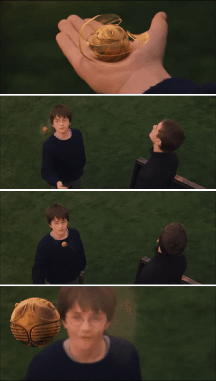 Trong buổi tập luyện đầu tiên, khi hướng dẫn Harry về quả Snitch, Oliver Wood đã lập tức mất dấu khi quả bóng bay đi, còn Harry thì vẫn bám sát hướng bay của quả bóng, cho thấy năng khiếu bẩm sinh của một Tầm thủ. (Nguồn: Boredpanda)