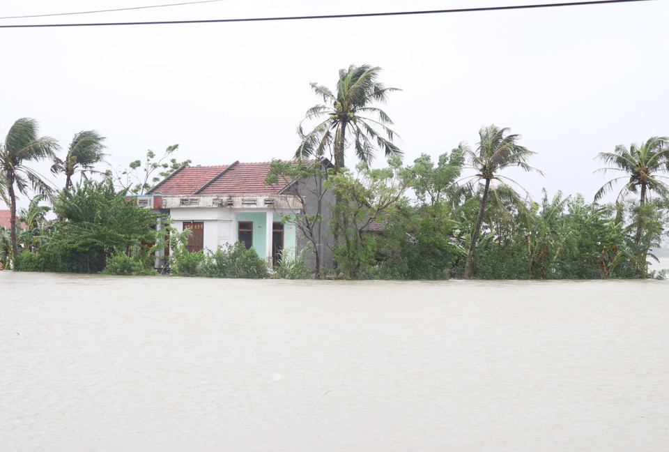 Một căn nhà ở xã Hòa Mỹ Đông, huyện Tây Hòa bị nước lũ cô lập. (Ảnh: Phạm Cường-Xuân Triệu/TTXVN)