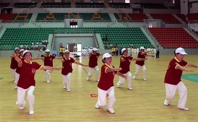 Bài biểu diễn của người cao tuổi huyện Lý Nhân tại giải thể thao Người cao tuổi tỉnh Hà Nam năm 2020. (Ảnh: Đại Nghĩa/TTXVN)