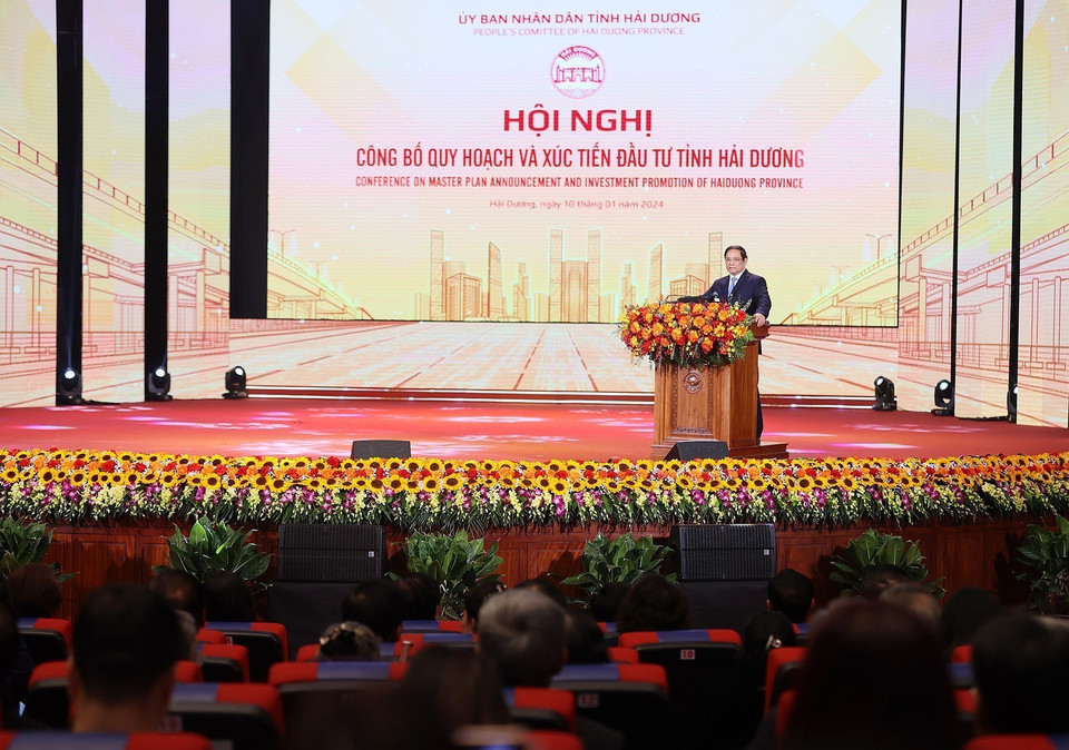 Thủ tướng Phạm Minh Chính phát biểu tại Hội nghị công bố quy hoạch tỉnh Hải Dương. (Ảnh: Dương Giang/TTXVN)