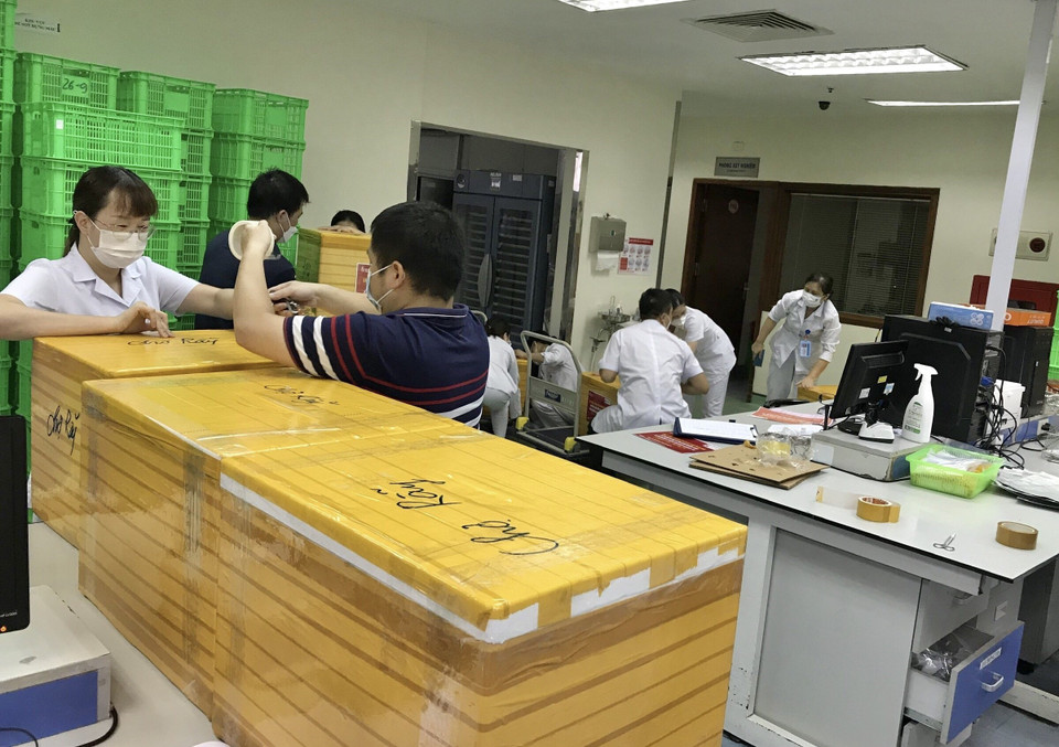 Ngày 25/8, 2.000 đơn vị máu được chi viện cho TP Hồ Chí Minh, được Bệnh viện Truyền máu-Huyết học TP Hồ Chí Minh và Bệnh viện Chợ Rẫy vận chuyển về lưu trữ và tiếp tục cung cấp tới các bệnh viện. (Ảnh: Minh Quyết/TTXVN)