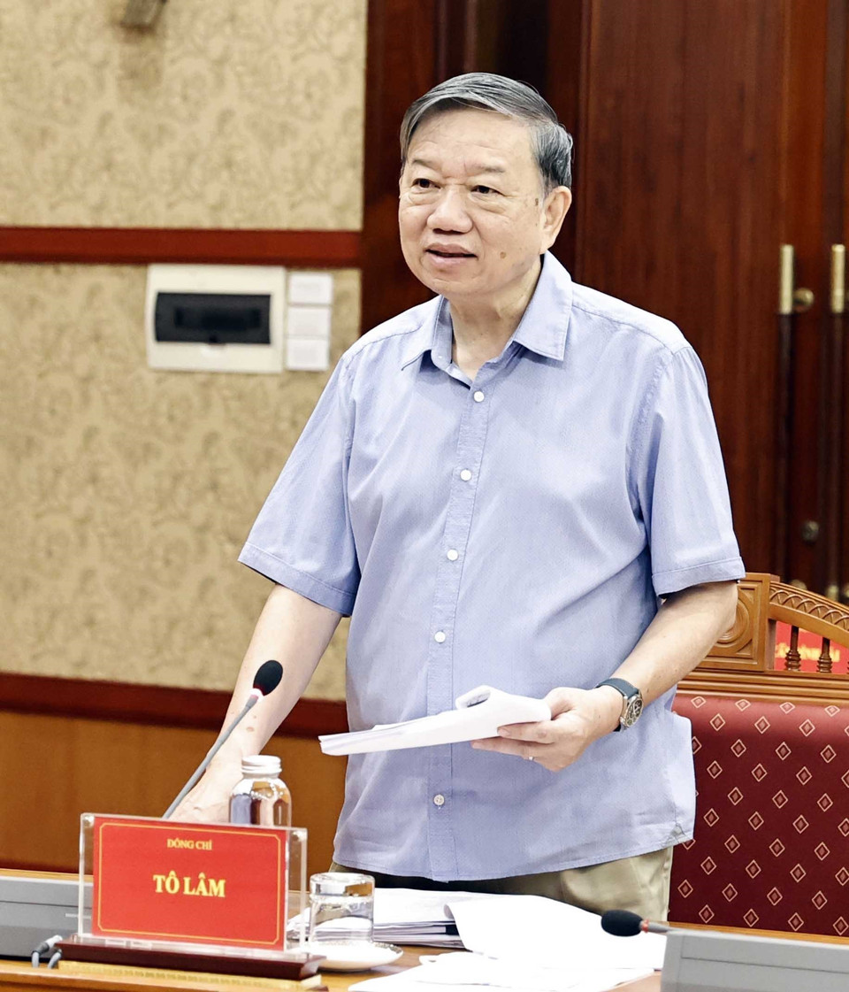 Đại tướng Tô Lâm, Ủy viên Bộ Chính trị, Bộ trưởng Bộ Công an phát biểu. (Ảnh: Thống Nhất/TTXVN)