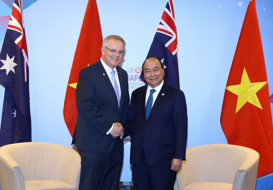 Thủ tướng Nguyễn Xuân Phúc gặp Thủ tướng Australia Scott Morrison. (Ảnh: Thống Nhất/TTXVN)