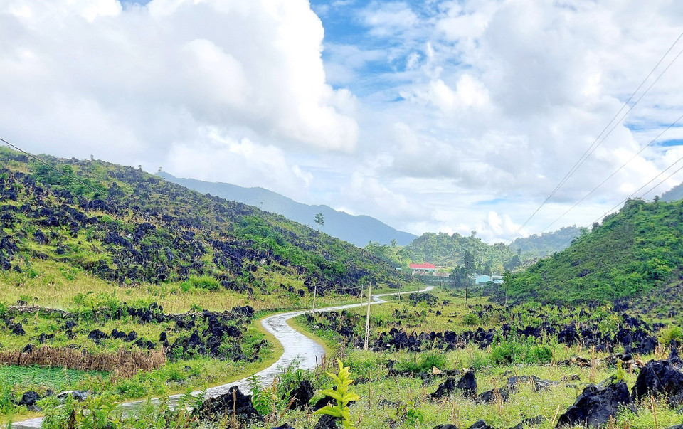 Tỉnh lộ 129 từ trung tâm Tủa Chùa (Điện Biên) đi các xã phía Bắc của huyện được phối màu với sắc đá đen, xám nổi bật trên nền xanh, vàng của cỏ cây, nương ngô thật bắt mắt. (Ảnh: TTXVN phát)