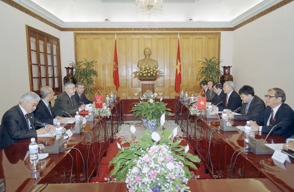 Chủ tịch Quốc hội Nguyễn Văn An hội đàm với Chủ tịch Hạ viện Maroc Abdelwahed Radi thăm chính thức Việt Nam (3-7/3/2003). (Ảnh: Trí Dũng/TTXVN)