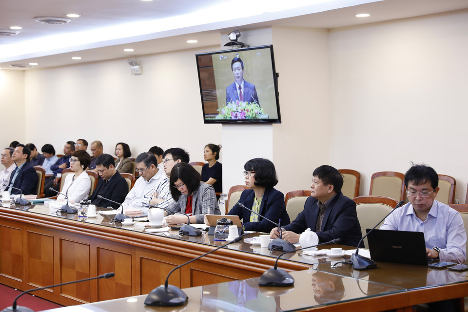 Các đồng chí trong Ban lãnh đạo, Ban Thường vụ Đảng uỷ, Ban chấp hành Đảng bộ TTXVN và đại biểu dự hội nghị. (Ảnh: Dương Giang/TTXVN)