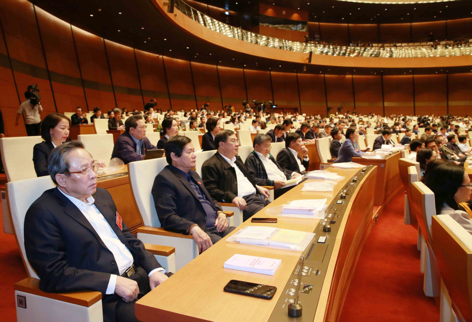 Các đại biểu dự Hội nghị tại điểm cầu chính - Phòng họp Diên Hồng, Nhà Quốc hội (Hà Nội). (Ảnh: Phương Hoa/TTXVN)