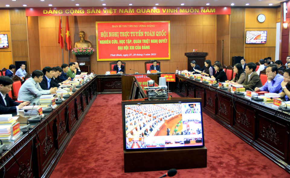 Quang cảnh Hội nghị quán triệt Nghị quyết Đại hội XIII của Đảng tại điểm cầu Tỉnh ủy Thái Bình. (Ảnh: Thế Duyệt/TTXVN)