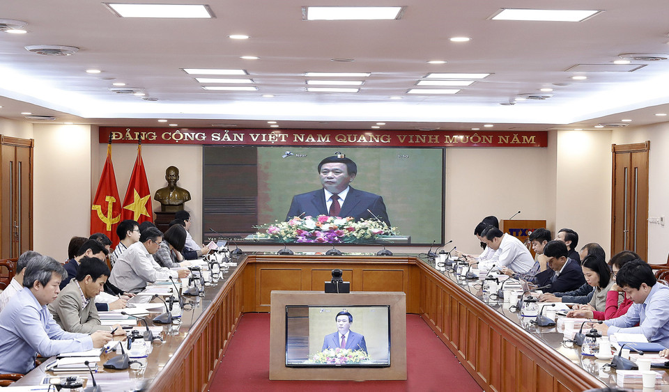  Các đại biểu dự hội nghị tại điểm cầu Thông tấn xã Việt Nam (Hà Nội). (Ảnh: Dương Giang/TTXVN)