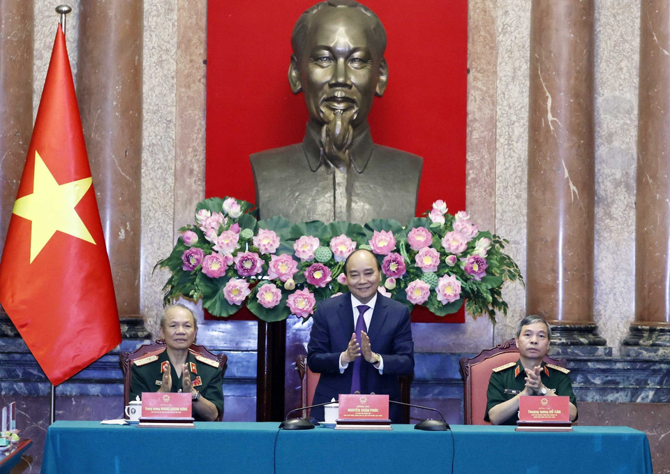 Chủ tịch nước Nguyễn Xuân Phúc phát biểu tại buổi gặp. (Ảnh: Thống Nhất/TTXVN)