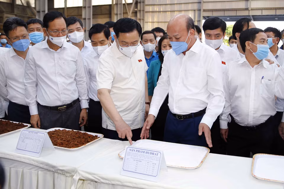 Lãnh đạo Tập đoàn Than - Khoáng sản Việt Nam giới thiệu với Chủ tịch Quốc hội Vương Đình Huệ về sản phẩm alumin. (Ảnh: Doãn Tấn/TTXVN)