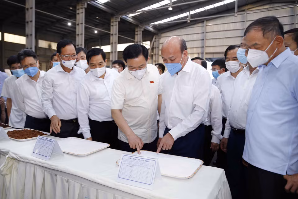 Lãnh đạo Tập đoàn Than - Khoáng sản Việt Nam giới thiệu với Chủ tịch Quốc hội Vương Đình Huệ về sản phẩm alumin. (Ảnh: Doãn Tấn/TTXVN)