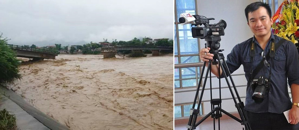Nhà báo Đinh Hữu Dư của TTXVN (phải) và hiện trường nơi anh bị rơi xuống dòng nước lũ do cầu gãy trong khi tác nghiệp. (Nguồn: TTXVN)