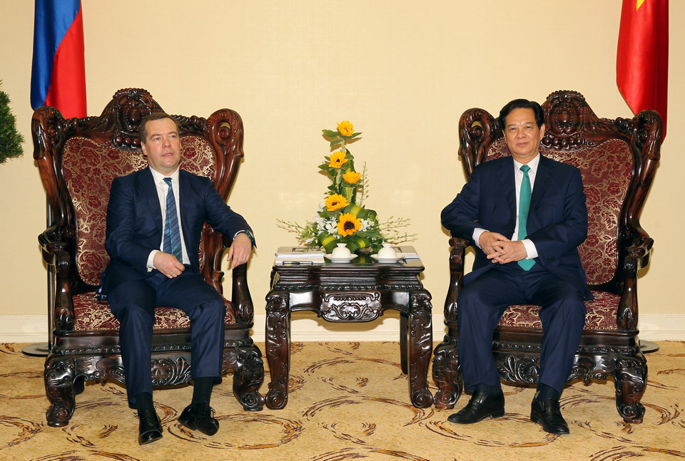 Thủ tướng Nguyễn Tấn Dũng và Thủ tướng Dmitry Medvedev hội đàm hẹp. (Ảnh: Đức Tám/TTXVN)