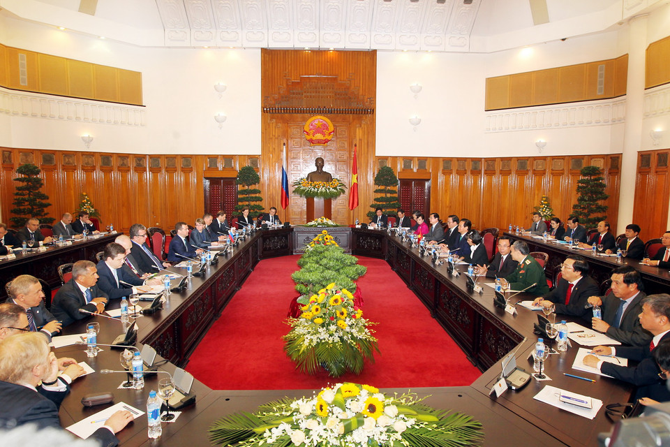 Quang cảnh cuộc hội đàm giữa Thủ tướng Nguyễn Tấn Dũng và Thủ tướng Dmitry Medvedev. (Ảnh: Đức Tám/TTXVN)