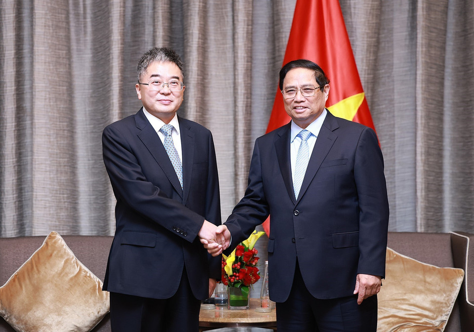 Thủ tướng Phạm Minh Chính tiếp ông Nghiêm Thánh Quân, Chủ tịch Tập đoàn Thiên Doanh. (Ảnh: Dương Giang/TTXVN)