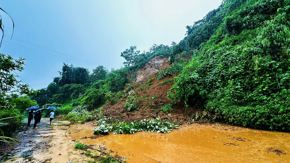 Mưa lớn trong nhiều giờ khiến nhiều tuyến đường từ thị trấn Vị Xuyên, huyện Vị Xuyên đi xã Ngọc Linh bị sạt lở nghiêm trọng. (Ảnh: Quỳnh Anh/TTXVN phát)