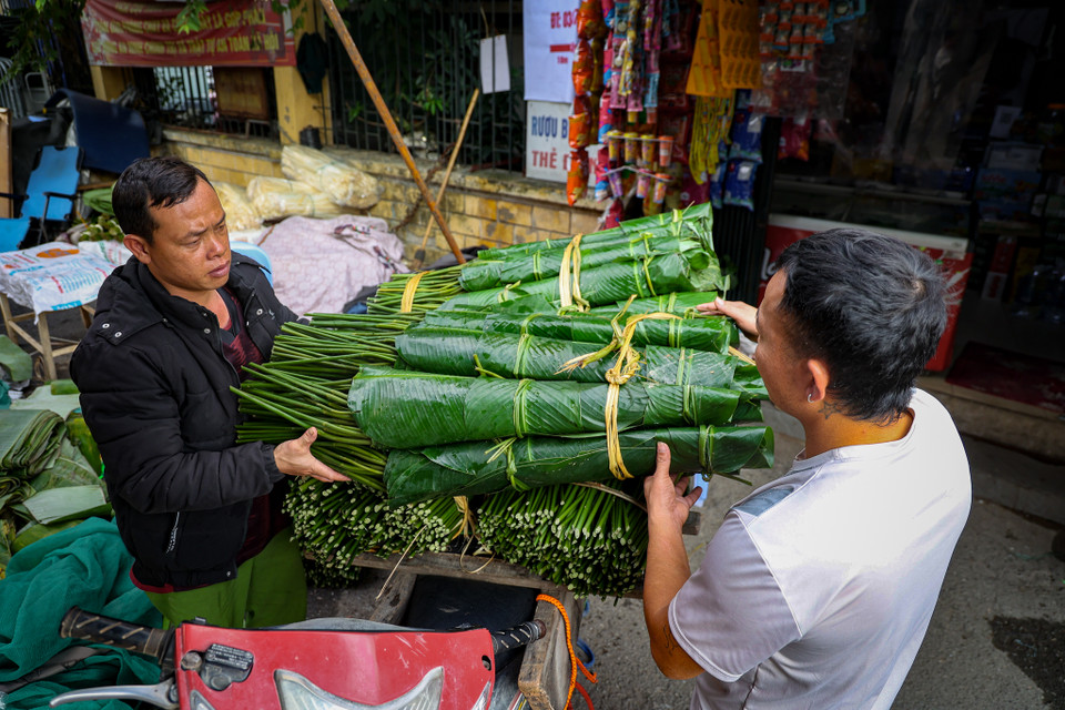 Một số tiểu thương cho biết năm nay thời tiết không thuận lợi nên việc thu hoạch lá dong không được nhiều, đồng thời giá cũng tăng cao so với năm ngoái. (Ảnh: Minh Hiếu/Vietnam+)