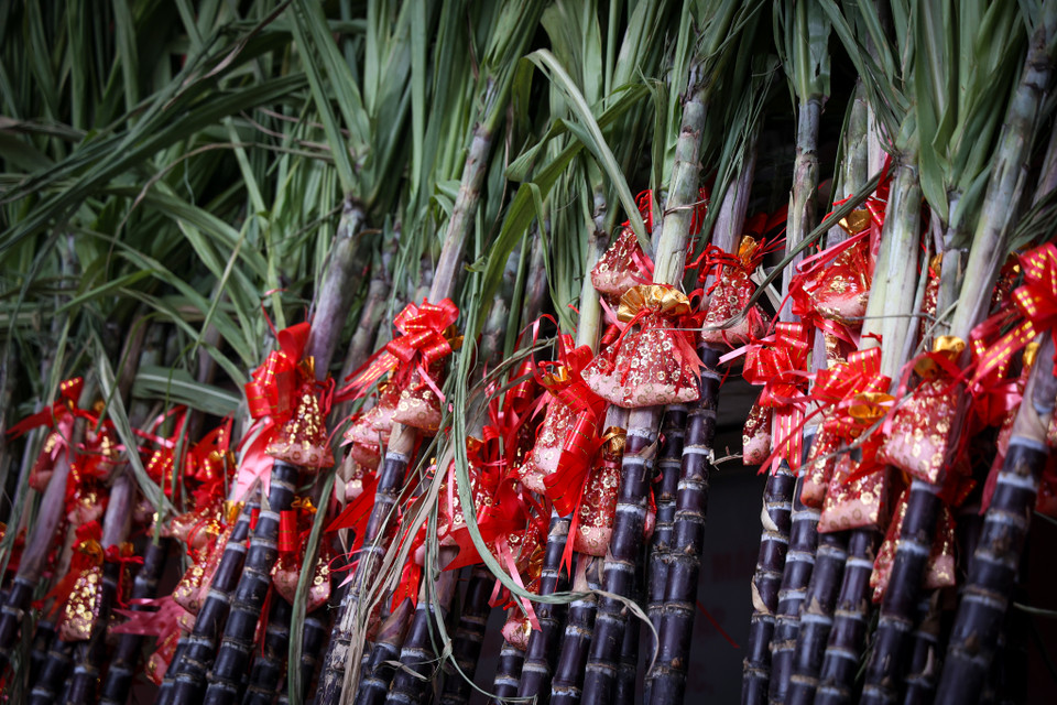 Tương tự, túi muối lộc cũng bán chạy đêm giao thừa. Một số tiểu thương bán kèm combo túi muối lộc và cặp mía giá dao động từ 80.000-100.000 đồng. (Ảnh: Minh Hiếu/Vietnam+)