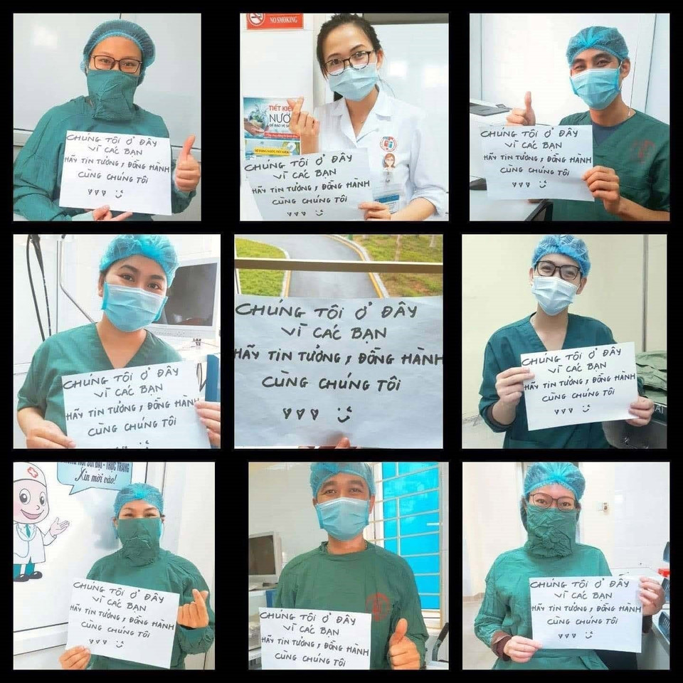 Thông điệp được các cán bộ, nhân viên y tế Bệnh viện Việt Nam Thụy Điển Uông Bí gửi đến người dân trước khi lên đường đến Đông Triều (Quảng Ninh) hỗ trợ phòng chống dịch COVID-19. (Ảnh: Đức Hiếu/TTXVN)