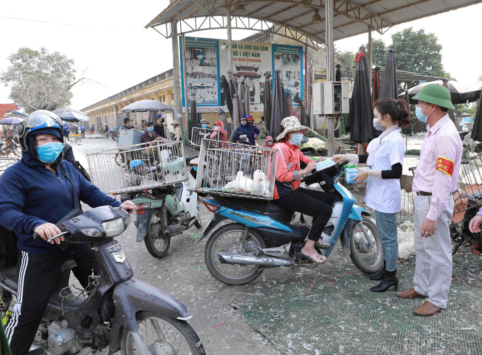 Kiểm tra thân nhiệt tất cả khách vào chợ gia cầm Hà Vĩ (Thường Tín, Hà Nội). (Ảnh: Vũ Sinh/TTXVN)