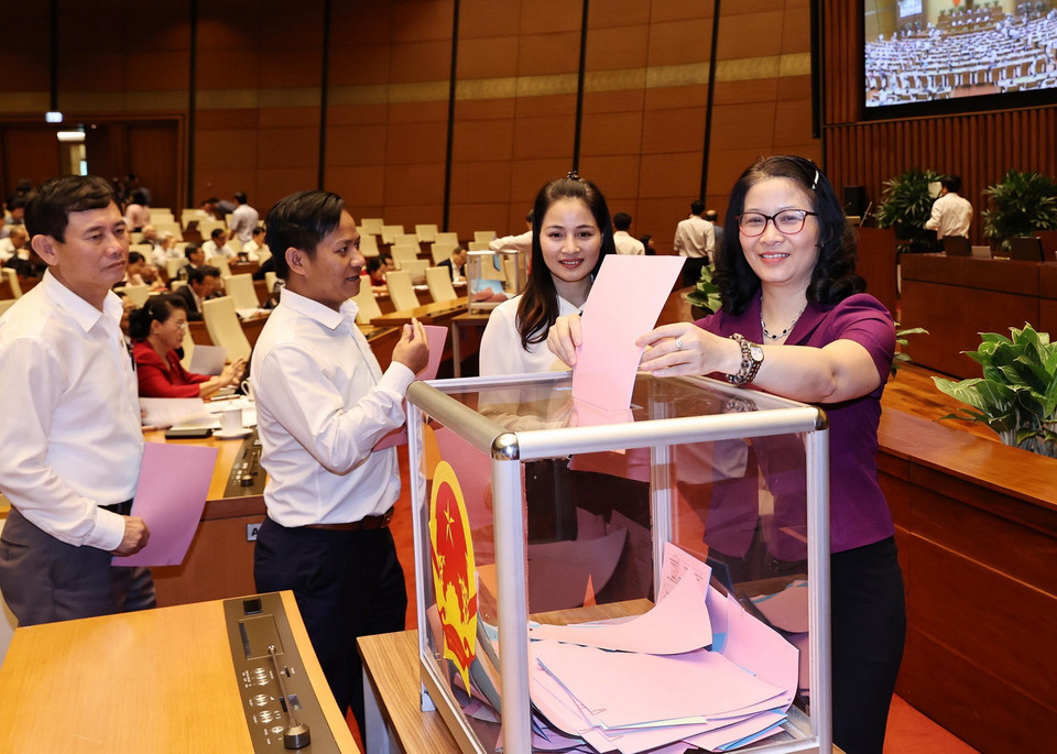 Các đại biểu Quốc hội bỏ phiếu miễn nhiệm một số Phó Thủ tướng Chính phủ, một số Bộ trưởng và thành viên khác của Chính phủ. (Ảnh: Trọng Đức/TTXVN)