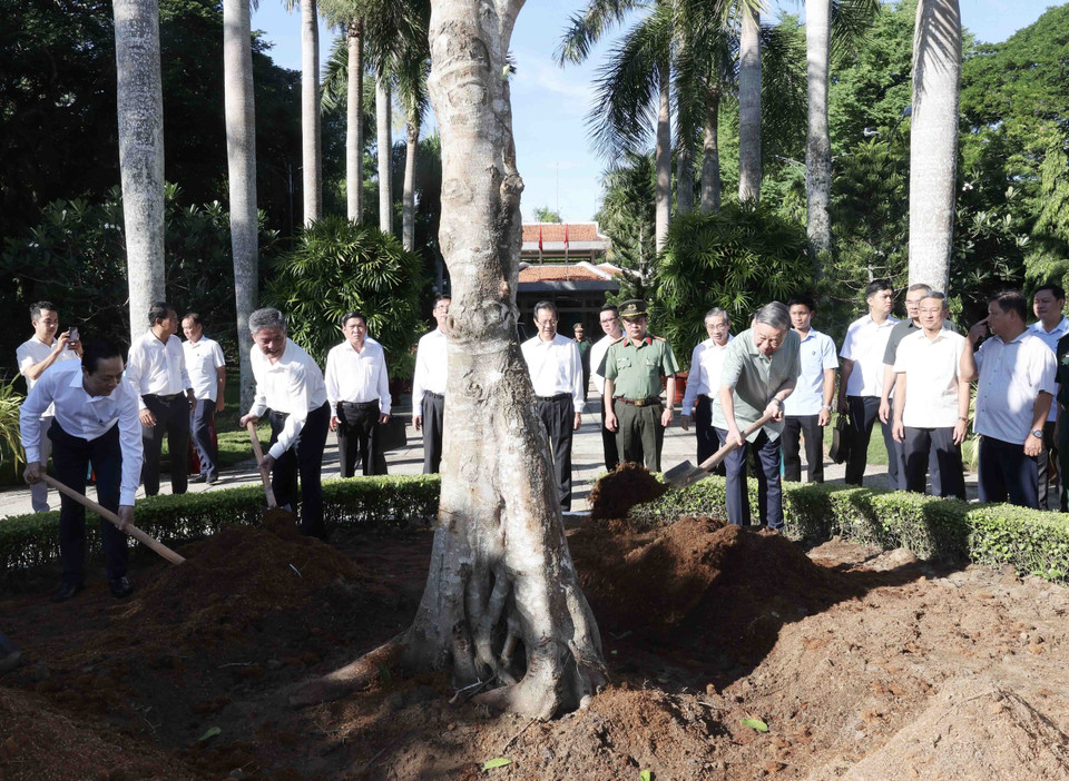 Chủ tịch nước Tô Lâm trồng cây tại Đền thờ Chủ tịch Hồ Chí Minh. (Ảnh: Nhan Sáng/TTXVN)