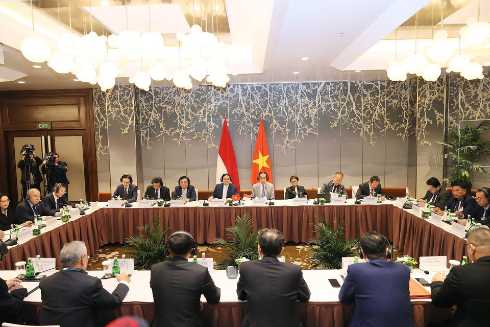 Thủ tướng Phạm Minh Chính và Tổng thống Joko Widodo dự Đối thoại Doanh nghiệp Cấp cao Việt Nam-Indonesia. (Ảnh: Dương Giang/TTXVN)