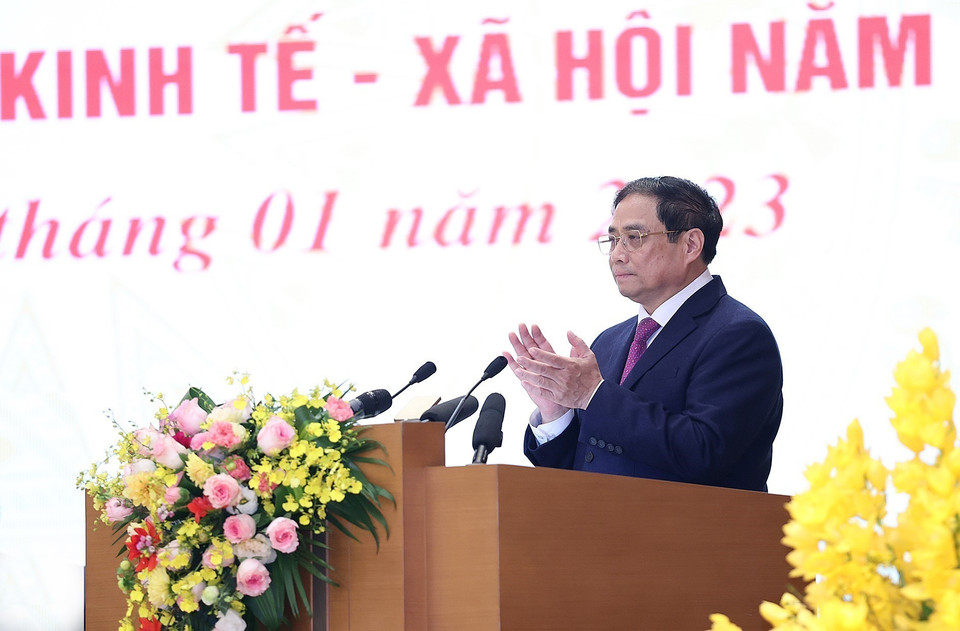 Thủ tướng Phạm Minh Chính phát biểu khai mạc hội nghị triển khai kế hoạch phát triển kinh tế-xã hội năm 2023. (Ảnh: Dương Giang/TTXVN)