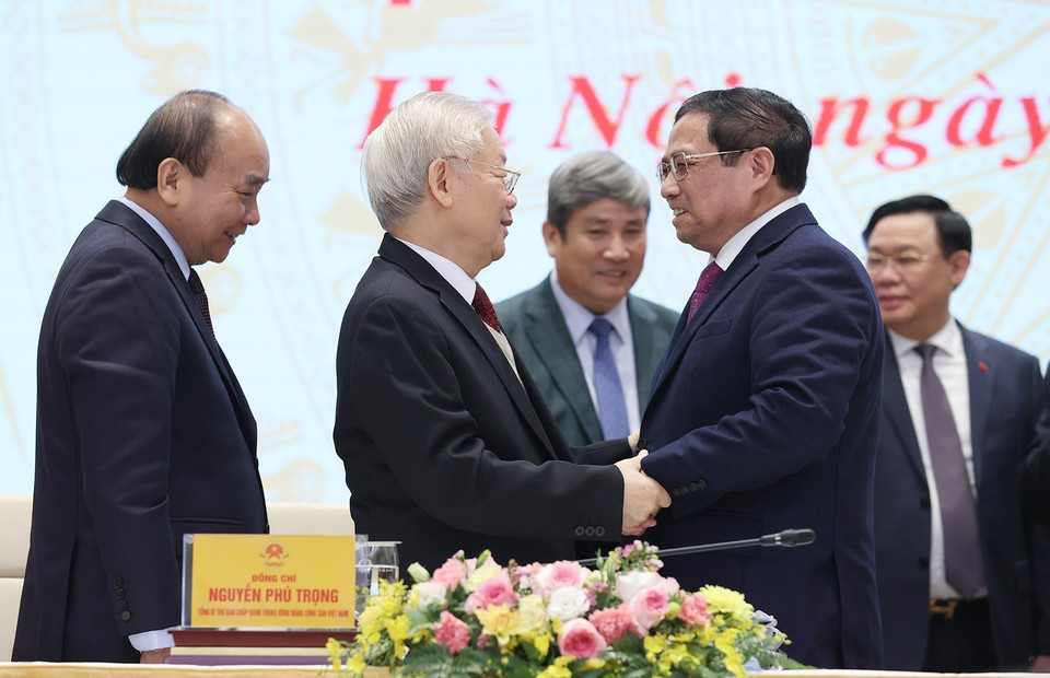 Tổng Bí thư Nguyễn Phú Trọng và Thủ tướng Phạm Minh Chính tại hội nghị. (Ảnh: Dương Giang/TTXVN)