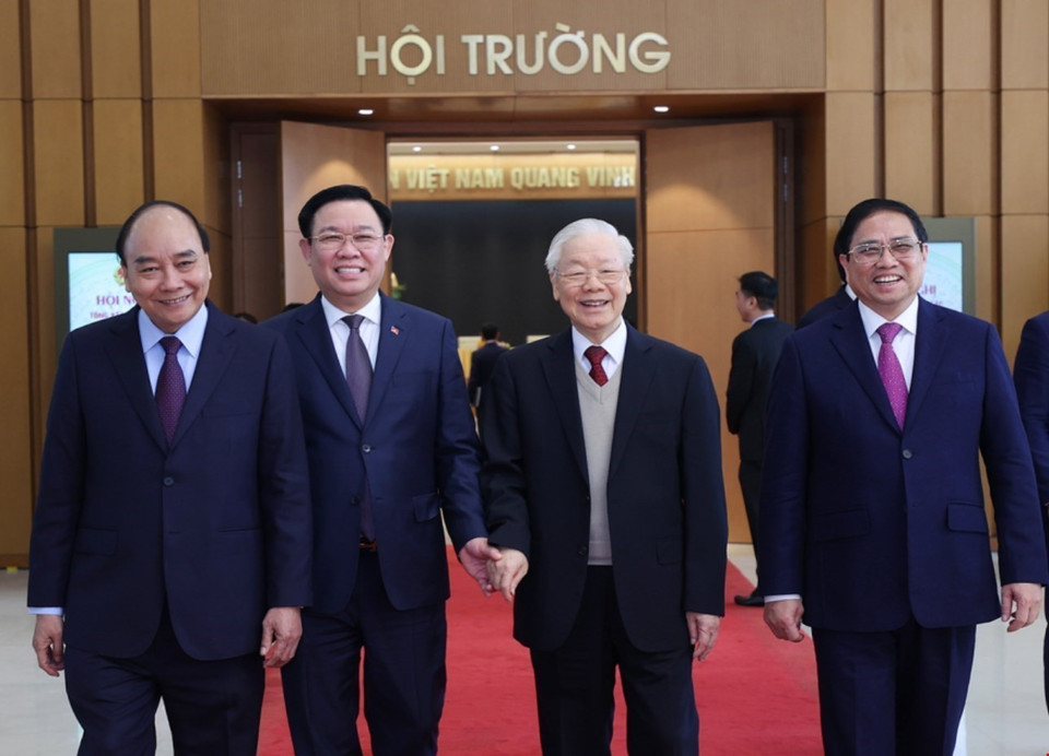 Tổng Bí thư Nguyễn Phú Trọng, Chủ tịch nước Nguyễn Xuân Phúc; Thủ tướng Phạm Minh Chính và Chủ tịch Quốc hội Vương Đình Huệ tại hội nghị. (Ảnh: Dương Giang/TTXVN)