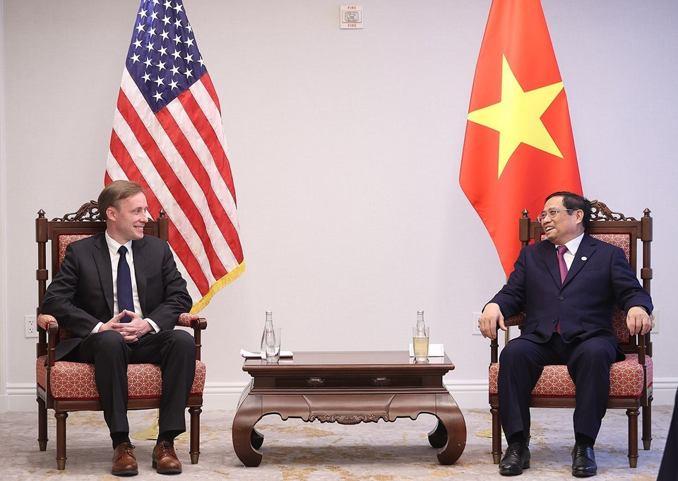 Thủ tướng Phạm Minh Chính tiếp Cố vấn An ninh quốc gia Jake Sullivan. (Ảnh: Dương Giang/TTXVN)