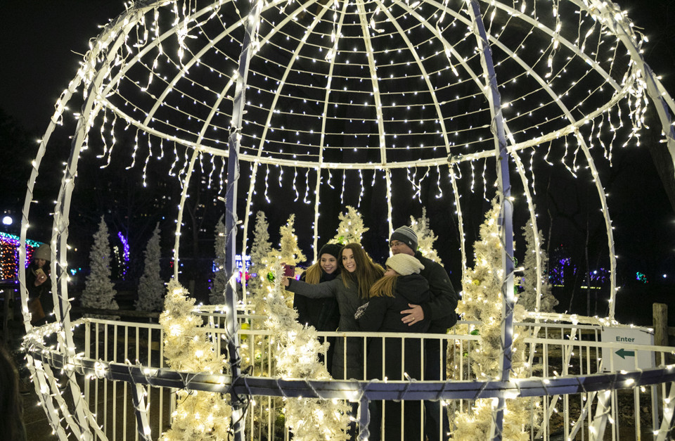 Du khách chiêm ngưỡng các tác phẩm nghệ thuật rực rỡ tại Vườn thú ánh sáng Zoolights để chào đón Năm Mới 2020 ở công viên Lincoln, Chicago, Mỹ. (Ảnh: THX/ TTXVN)