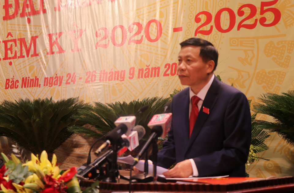 Bí thư Tỉnh ủy Bắc Ninh Nguyễn Nhân Chiến phát biểu tại Đại hội. (Ảnh: Thanh Thương/TTXVN)