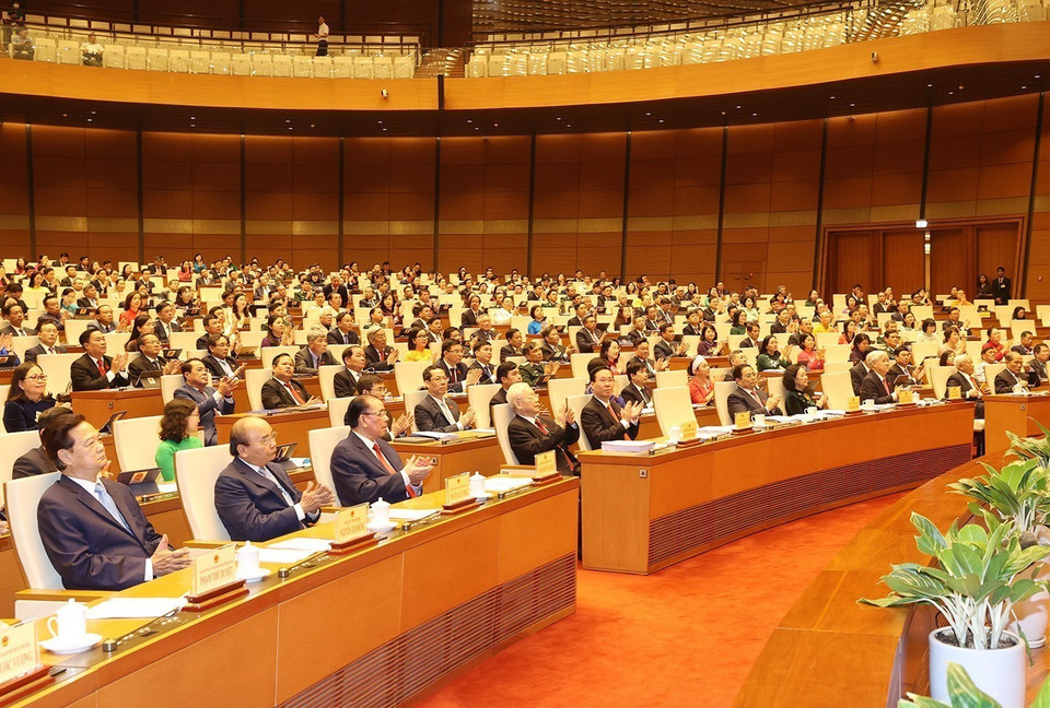Tổng Bí thư Nguyễn Phú Trọng cùng các vị lãnh đạo, nguyên lãnh đạo Đảng, Nhà nước và đại biểu Quốc hội dự khai mạc Kỳ họp thứ 5, Quốc hội khóa XV. (Ảnh: Trí Dũng/TTXVN)