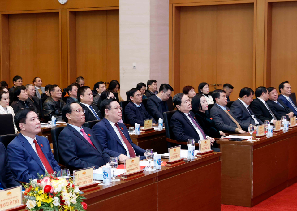 Chủ tịch Quốc hội Vương Đình Huệ dự Lễ phát động Cuộc vận động sáng tác ca khúc về Quốc hội và Hội đồng Nhân dân. (Ảnh: Nhan Sáng/TTXVN)