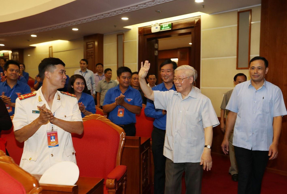 Tổng Bí thư, Chủ tịch nước Nguyễn Phú Trọng đến dự buổi gặp mặt. (Ảnh: Trí Dũng/TTXVN)