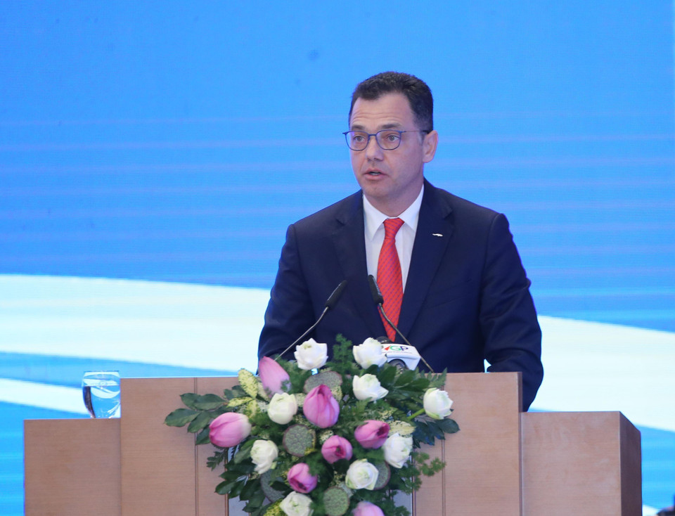 Bộ trưởng Phụ trách kinh doanh, thương mại và doanh nghiệp của Romania Stefan-Radu Oprea phát biểu. (Ảnh: Lâm Khánh/ TTXVN)