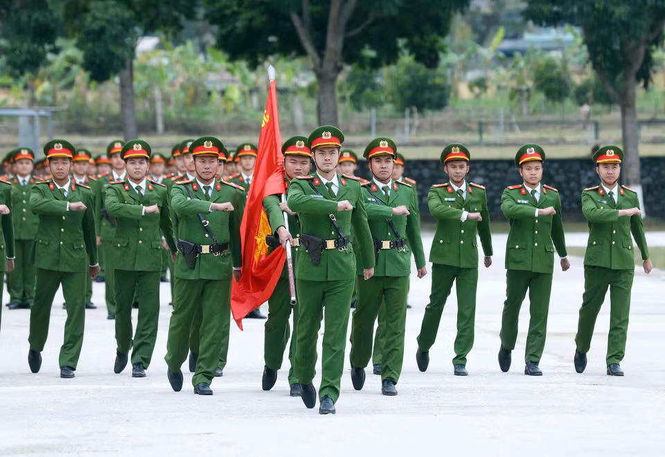 Cán bộ, chiến sỹ Trung đoàn Cảnh sát Cơ động Tây Bắc tập luyện diễu hành để Kỷ niệm 70 năm chiến thắng Điện Biên Phủ (7/5/1954-7/5/2024). (Ảnh: Phạm Kiên/TTXVN)