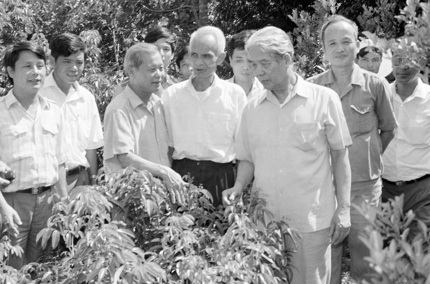 Tổng Bí thư Đỗ Mười thăm một hộ làm kinh tế giỏi ở thị trấn Chũ, huyện Lục Ngạn, tỉnh Bắc Giang (tháng 9/1994). (Ảnh: Xuân Lâm/TTXVN)