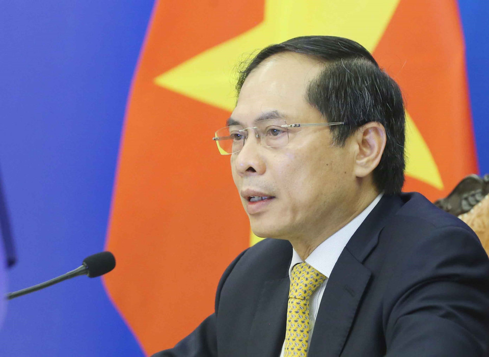Bộ trưởng Bộ Ngoại giao Bùi Thanh Sơn phát biểu tại điểm cầu Hà Nội. (Ảnh: Phạm Kiên/TTXVN)