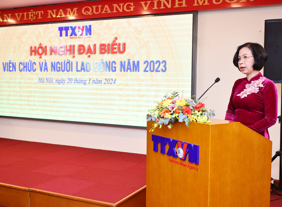 Tổng Giám đốc TTXVN Vũ Việt Trang phát biểu tại hội nghị. (Ảnh: Minh Đức/TTXVN)