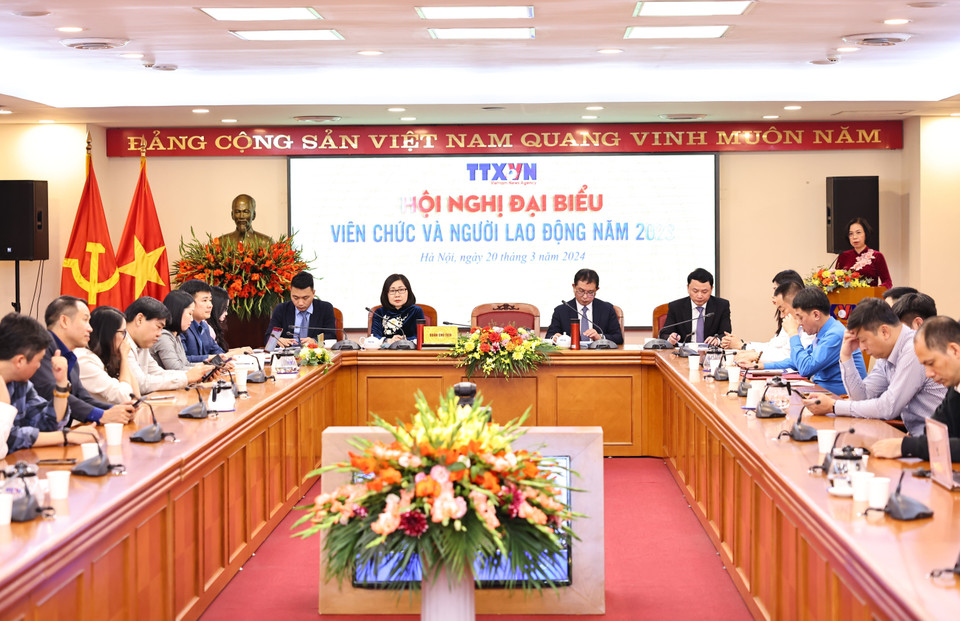 Tổng Giám đốc TTXVN Vũ Việt Trang phát biểu tại hội nghị. (Ảnh: Minh Đức/TTXVN)