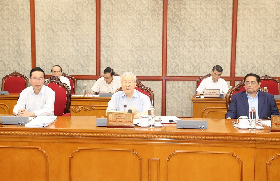 Tổng Bí thư Nguyễn Phú Trọng phát biểu kết luận cuộc họp.(Ảnh: Trí Dũng/TTXVN)