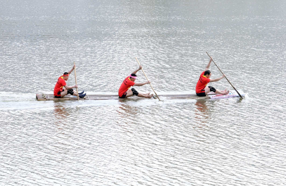 Bè mảng có kích thước rộng 50-60cm, dài 6-7 m được làm từ 6 cây mai từ 2 năm tuổi trở lên. (Ảnh: Anh Tuấn/TTXVN)