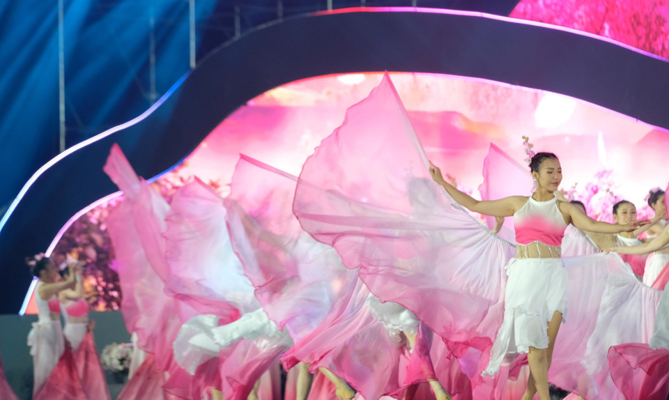 Hình ảnh hoa đào rực hồng được các diễn viên múa minh họa trong ca khúc Ai lên xứ hoa đào. (Ảnh: Nguyễn Dũng/TTXVN)